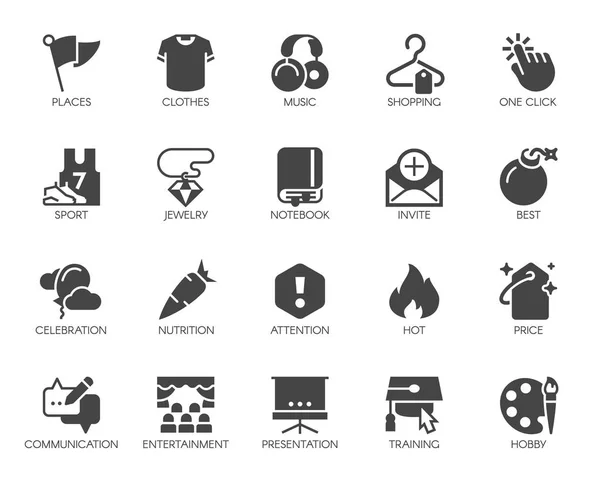 20 iconos planos negros sobre deportes, estilo de vida, pasatiempos, compras en línea y el tema de la educación. Etiquetas gráficas o botones para sitios temáticos e interfaces de aplicaciones móviles, elementos de juego. Vector aislado — Vector de stock