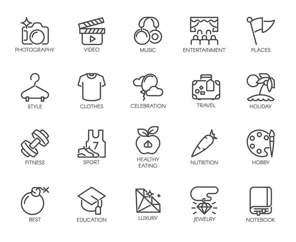 20 iconos de línea sobre deportes, alimentación saludable, estilo de vida, aficiones, viajes y tema de educación web. Etiquetas o botones para sitios temáticos y aplicaciones móviles interfaces, elementos ui juego. Vector aislado — Vector de stock