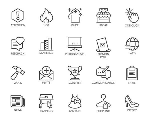 20 линейных иконок на тему онлайн общения и шопинга, работы и деловой тематики. Графическая пиктограмма для интерфейса, рекламные материалы, веб-кнопки. Векторная иллюстрация — стоковый вектор