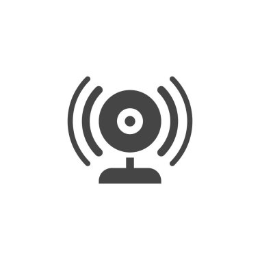 Webcam siyah düz kutsal kişilerin resmi ile yayın. Örümcek ağı fotoğraf makinesi ve ses dalgaları etiket. Blogging, vlogging, streamng, online çeviri kavramı piktogram. Web düğme. Vektör çizim üzerinde beyaz izole