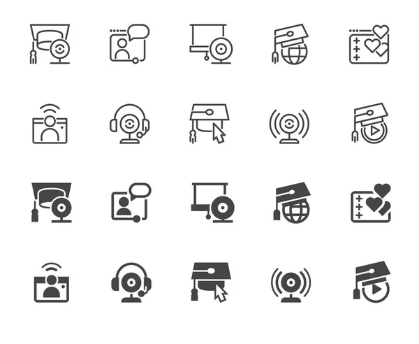 Set of icons in line and glyph designs. Symbol of e-learning, online education and modern technology. Label for universities, schools, academies and other sites and apps. Outline and black flat labels — Stock Vector