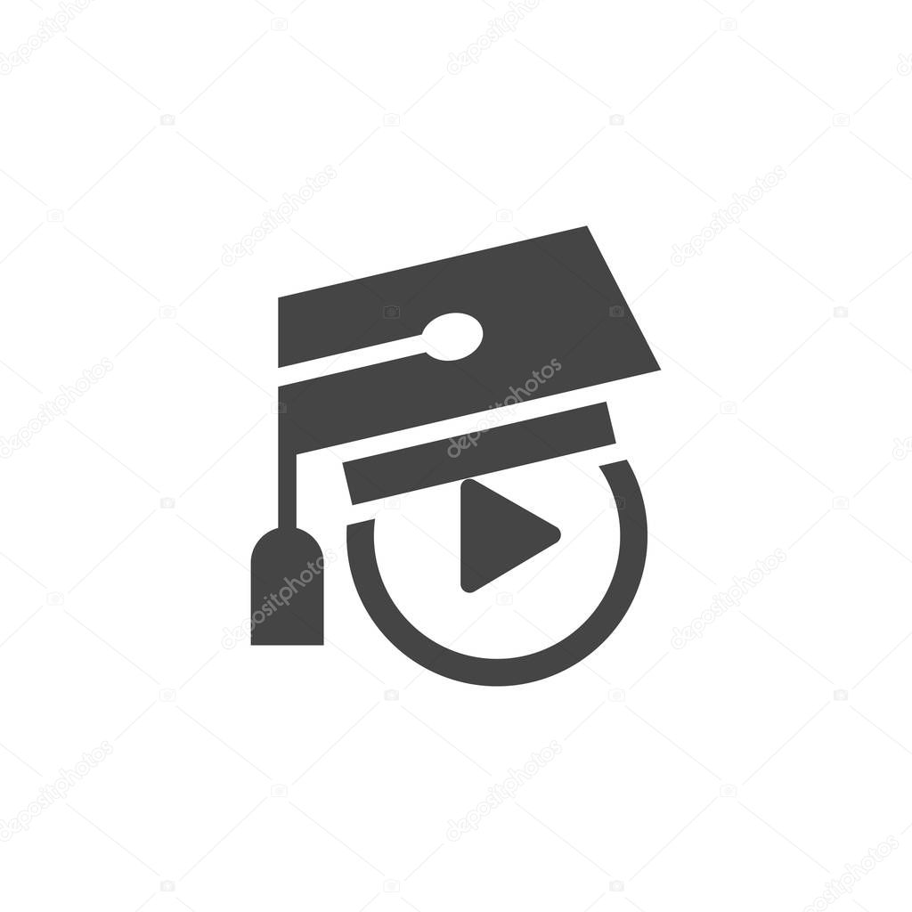 Graduate cap on play button. E-learning flat label. Symbol of distance education, training videos and modern technology