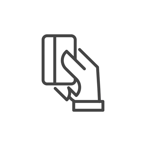 Hand met creditcard overzicht pictogram. Moderne betaling beginsel "systemen". Kopen met kunststof debetkaart. Financiële elektronische thema. Lijn teken geïsoleerd. Vectorillustratie — Stockvector