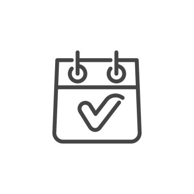 Onay işareti ile masa takvimi. Görev, izole kavramı Logo yapılan denetim listesi tamamlandı. Olay ve Tarih, ay satırı piktogram. Vektör çizim için örümcek ağı ve App anahat tarzı. Zaman yönetimi serisi