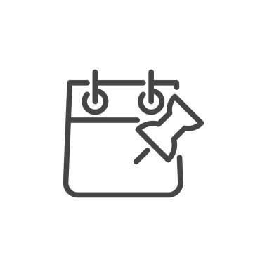 İtme PIN düğme simgesi ile takvim. İş planlama, ek ve kayıt tarihleri, toplantıları ve olayları anahat etiket işaretleme. Vektör illüstrasyon izole Web ve App içinde çizgi çizmek için