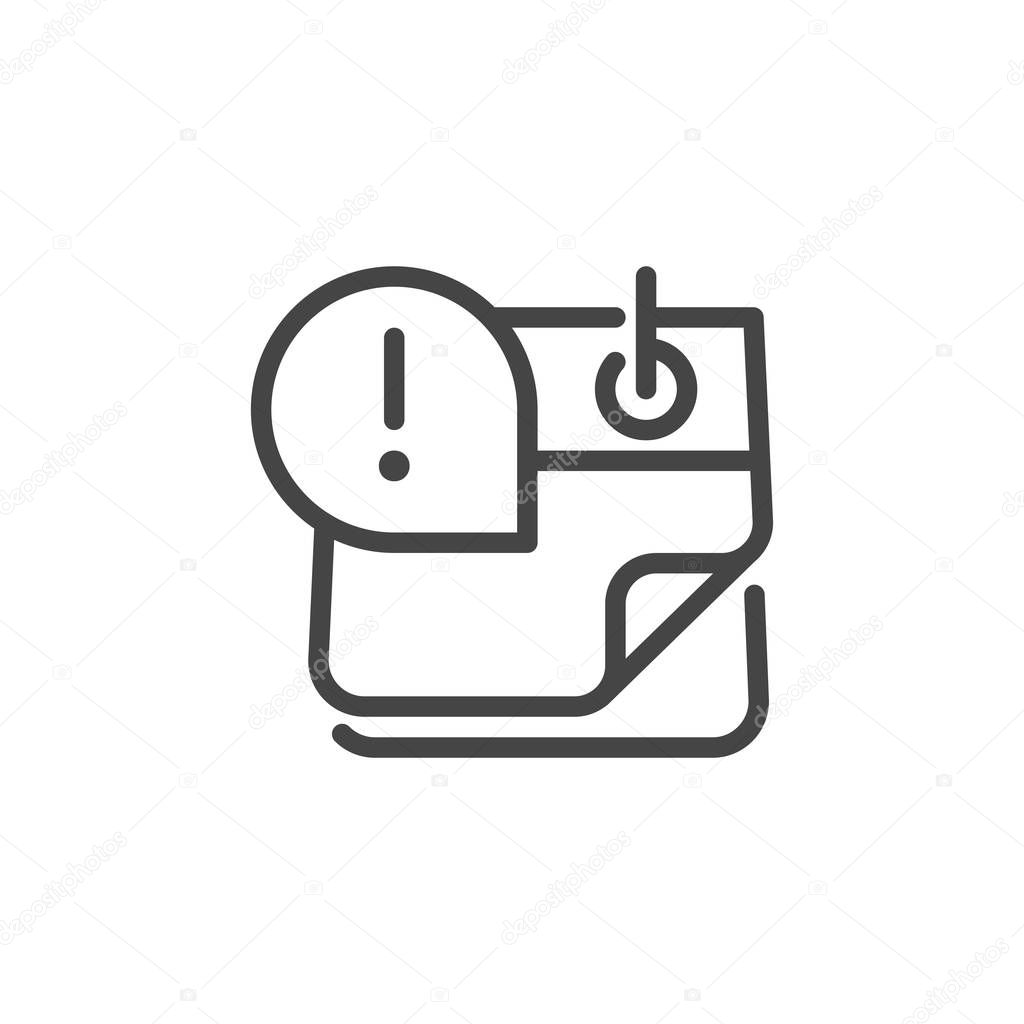 Calendar with Exclamation Mark Icon in Line Design. Notification of Important Event, Deadline, Scheduled Day. Time Management Note. Appointment Button. Vector Illustration Isolated for Web and App