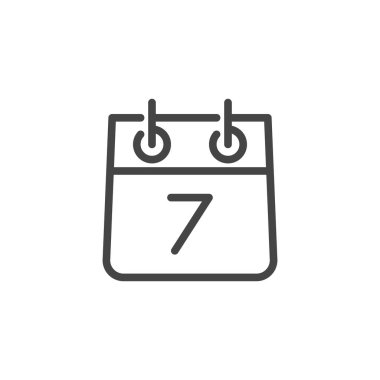 Takvim ve yedi numaralı simge. Toplantı tarihi, 7. ay günü, haftalık Organizatör kontur etiketi. Ttarifesi, zaman yönetimi konsepti. Vektör Illustration çizgi stili Web ve uygulama için yalıtılmış