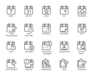 Premium Simgeler Takvim, Saat ve Tarih, Ay gibi Satır İşaretleri Zaman Yönetimi Paketi. Anahat Stilinde Web ve Uygulama için Özel Vektör Simgeleri Ayarlandı. Kullanılabilir Vuruş ve Piksel Perfect 48x48 Özelleştir.