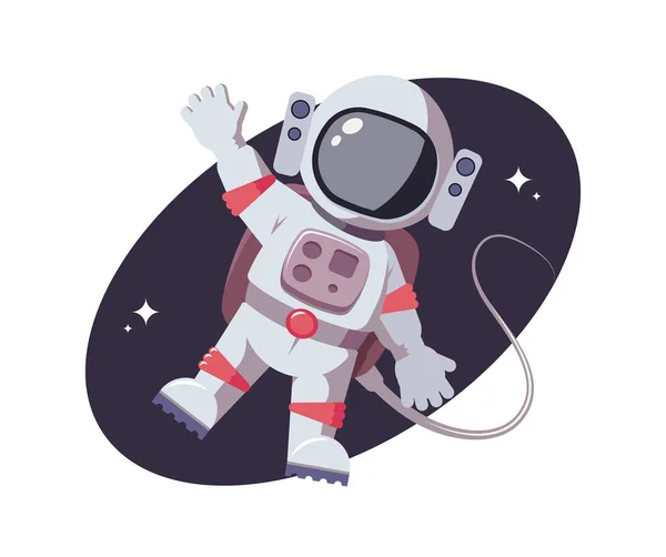 Astronauta a acenar com a mão amiga. Caráter cósmico plano no fundo do espaço aberto. Missão estelar, voo intergaláctico, conceito de investigação galáctica. Cosmonauta para quadrinhos, jogos e outras necessidades de design —  Vetores de Stock