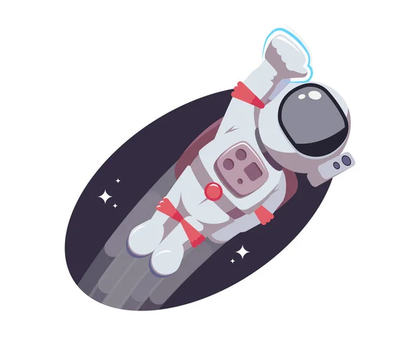Astronaut flies in outer space with raised fist up. Man in intergalactic space. Spaceman exploration galaxy. Astronomy, space personage concept. Flat print — Stock Vector