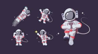 Set of astronaut in various poses in outer space. Spaceman exploration galaxy. Astronomy, star mission, intergalactic flight, galactic research concept. Flat man for comic, games and other design clipart