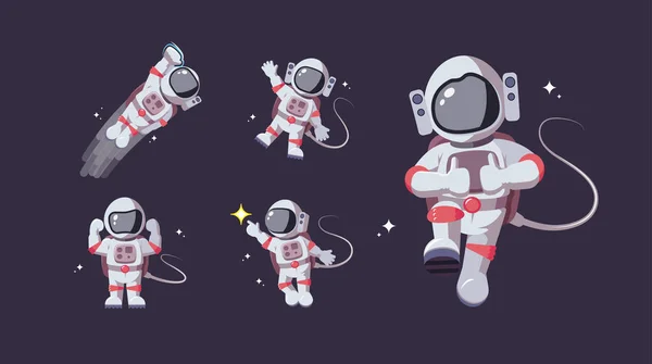 Set van astronaut in verschillende poses in de ruimte. Spaceman Exploration Galaxy. Astronomie, Star Mission, intergalactische vlucht, galactische onderzoekconcept. Platte man voor Comic, games en ander ontwerp Stockvector