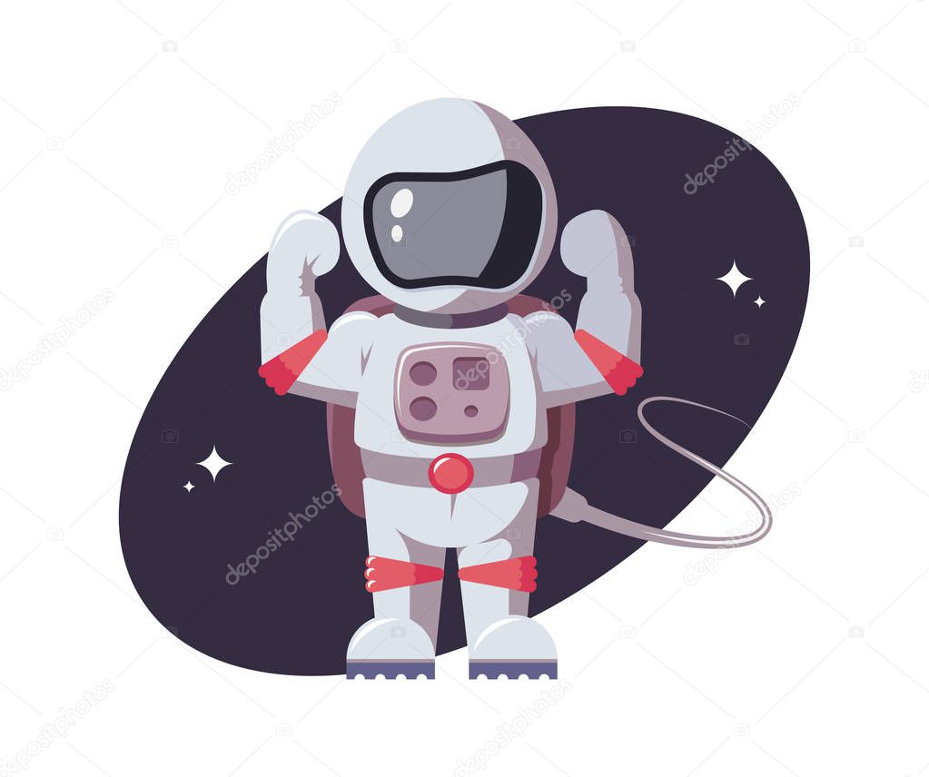 Astronaut tensed his muscles in his arms. Space character gestures force in open space. Spaceman in flat style. Star mission, galactic research concept for comic, games and other design needs