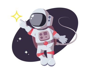 Astronot parmağını parlayan yıldızı işaret etti. Yeni gezegenleri, galaksileri, uzay keşifleri kavramını keşfetmek. Komik, oyun ve diğer tasarım ihtiyaçları için düz tarzda kozmonot kostüm Man