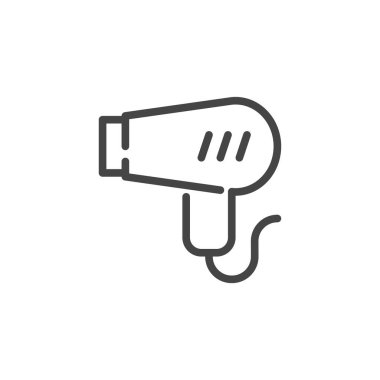 Saç kurutma makinesi doğrusal simgesi. Oteldeki, pansiyondaki, moteldeki, otellerdeki, salonlardaki, kaplıcalardaki oda servisinin sembolü. Grafik hatlı logo. Vektör illüstrasyonu beyaz arkaplanda izole edildi