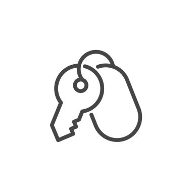 Oteldeki, dairedeki, arabadaki rezerve edilen odanın anahtar doğrusal simgesi. Oda servisi logosu, moteller için sembol, hosteller için rezervasyon. Vektör illüstrasyonu beyaz arkaplanda izole edildi