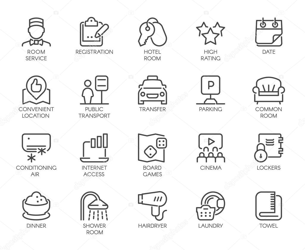 Set of 20 line icons of room service. Contour labels for hotel inn, hostels, apartment, condominium booking sites and apps. Pictograms isolated. Vector outline illustration