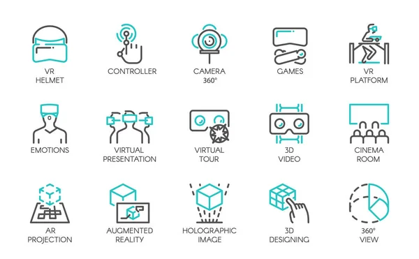 Grote set van lijn pictogrammen van augmented reality digitale AR-technologie toekomst. 15 vectoretiketten geïsoleerd op een witte achtergrond. Symbolen van virtuele modellering, simulatie, 3d video, presentatie en andere Stockvector