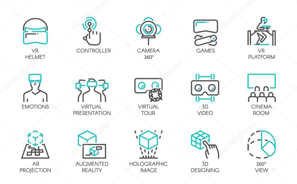 Big set of line icons of augmented reality digital AR technology future. 15 vector labels isolated on a white background. Symbols of virtual modeling, simulation, 3d video, presentation and other