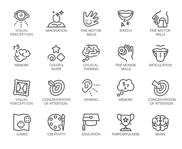 Premium Icons Pack sur les capacités cognitives humaines et le développement préscolaire des enfants. Signes de ligne comme la motricité fine, l'articulation. Ensemble d'icônes vectorielles pour le Web et l'application dans le contour Course modifiable Graphismes Vectoriels