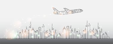 The particles, geometric art, line and dot of city with air plane. abstract vector illustration. graphic design concept of business and travel. - line stroke weight editable clipart
