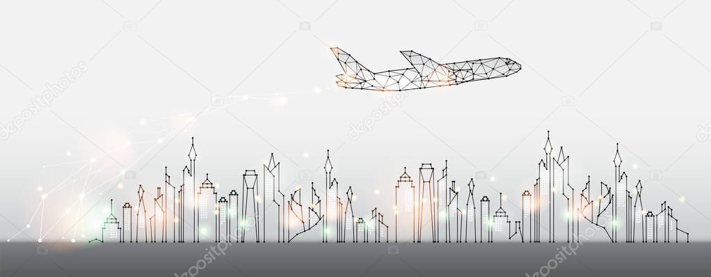 The particles, geometric art, line and dot of city with air plane. abstract vector illustration. graphic design concept of business and travel. - line stroke weight editable