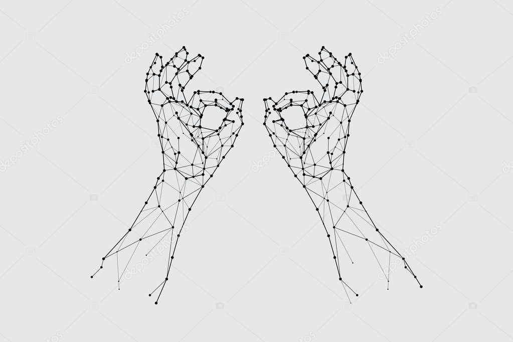 The particles, geometric art, line and dot of finger symbol