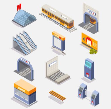 Metro ya da yeraltı vektör izometrik Icon set