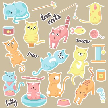 Sevimli kediler etiketleri elle çizilmiş illüstrasyon vektör