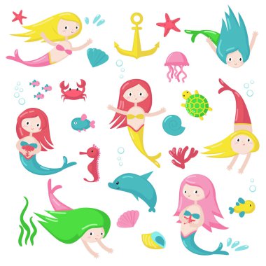 İzole vektör çizim sevimli denizkızı Icon set