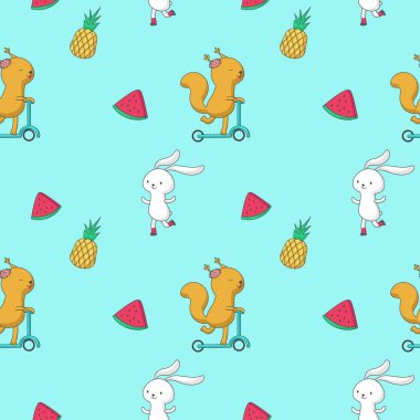 Yaz vektör Dikişsiz desen hayvanlar meyve ile
