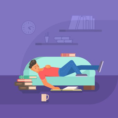 Kanepe vektör düz çizim kitap okurken erkek
