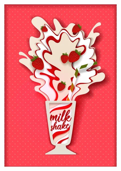 Vector paper cut strawberry flavored milkshake — Stock Vector