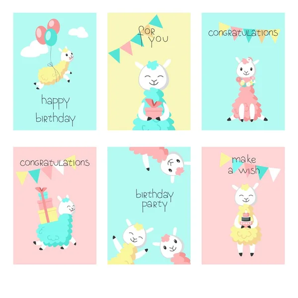 Alpaca aniversário cartões ilustração vetorial —  Vetores de Stock