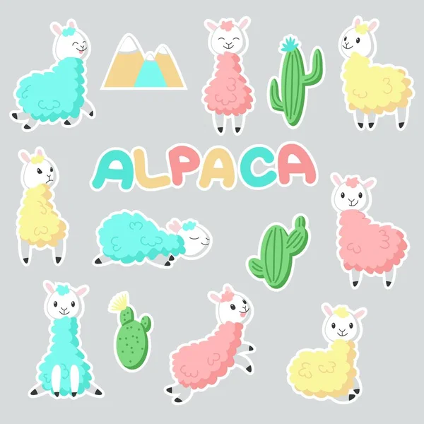 Alpaca adesivi vettoriale disegnato a mano illustrazione — Vettoriale Stock