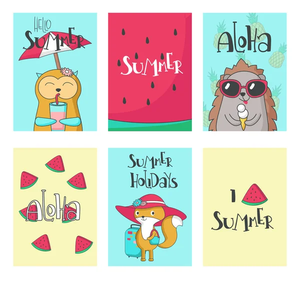 夏の動物カード ベクトル手描きイラスト — ストックベクタ