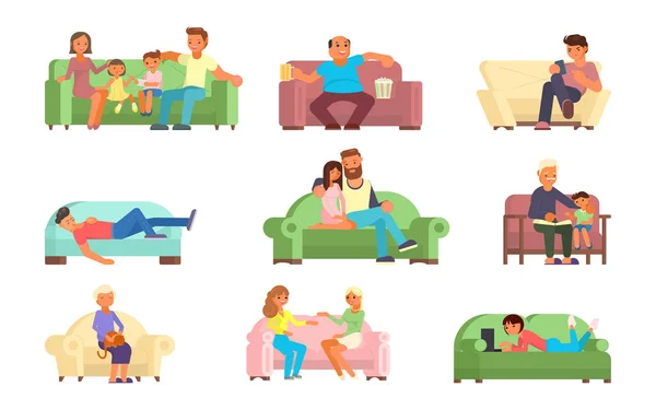 Personas en sofá vector ilustración de estilo plano — Vector de stock