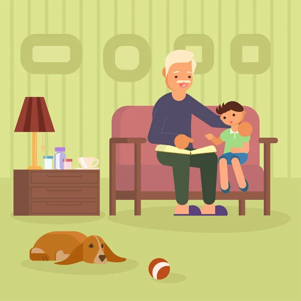 祖父和孙子在沙发矢量插图 — 图库矢量图片