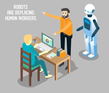 Robot vs insan emek vektör izometrik çizim