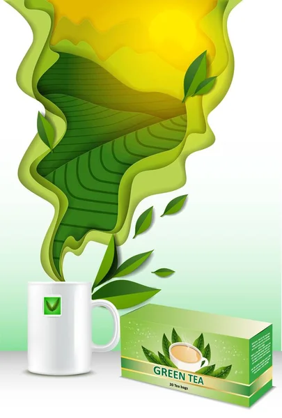 Векторний папір вирізав шаблон 3d зеленого чайного плаката — стоковий вектор