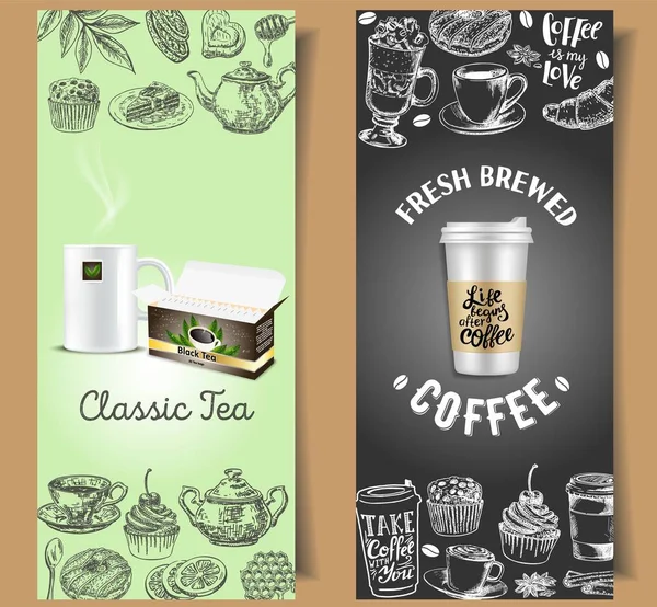 Afhaalmaaltijden koffie en thee flyer vector sjabloon set — Stockvector