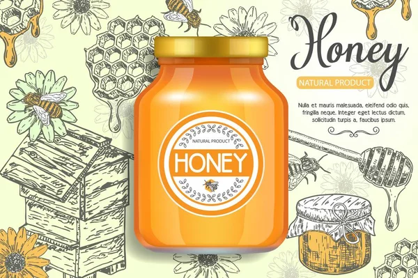 Natural miel ads vector cartel plantilla — Vector de stock
