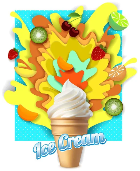 Vector paper cut fruit ice cream poster template — Stock Vector