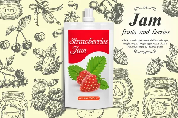 Aardbeienjam advertenties vector ontwerpsjabloon — Stockvector