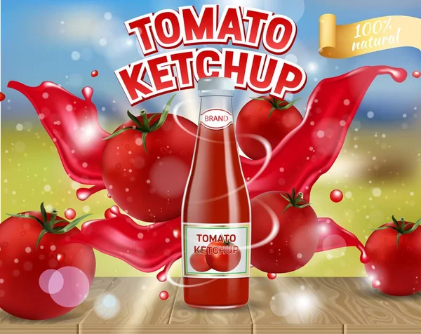Illustrazione realistica del vettore degli annunci del ketchup del pomodoro — Vettoriale Stock