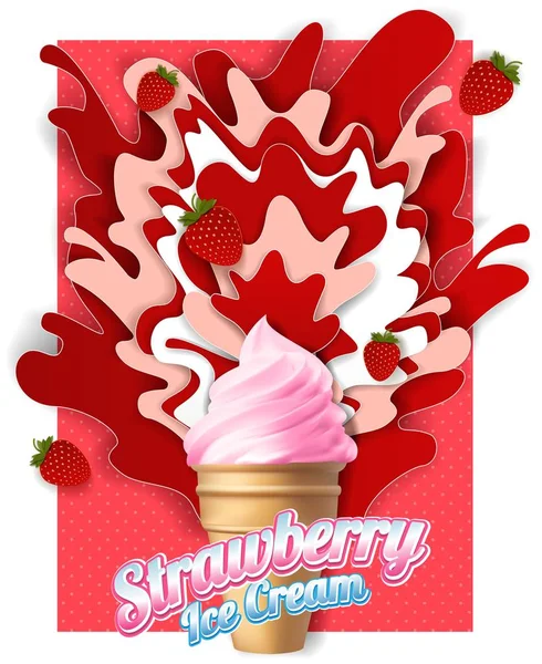 Vector paper cut strawberry ice cream poster — Stock Vector