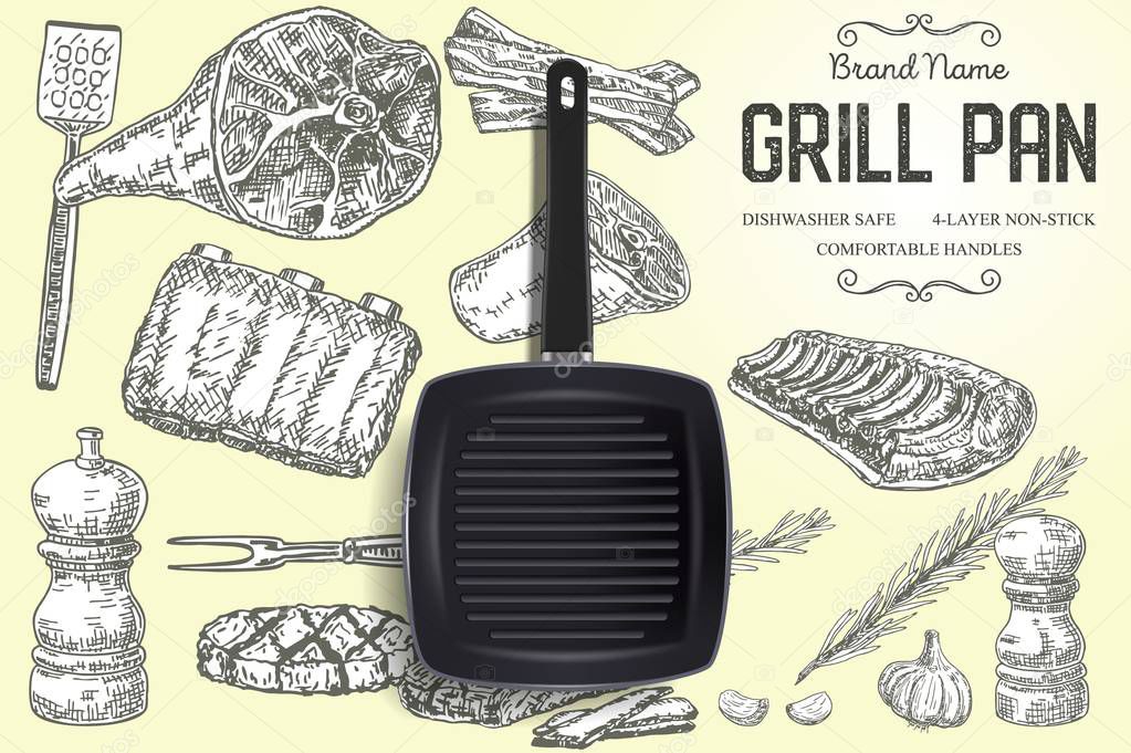 Grill pan brand ads vector poster banner template