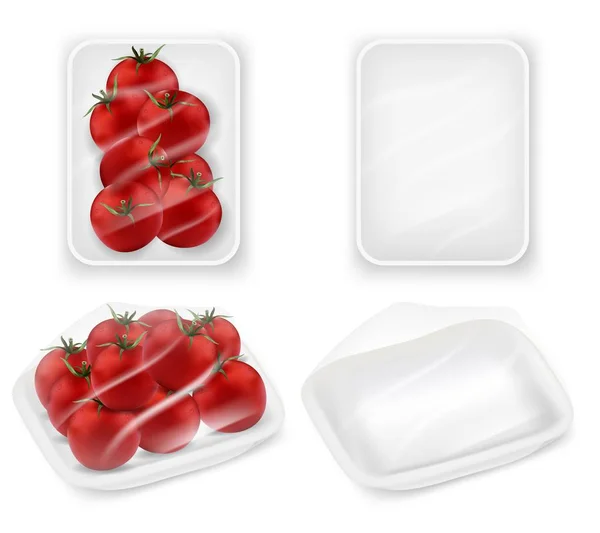 Bandeja de tomates vector paquete realista juego de maquetas — Archivo Imágenes Vectoriales
