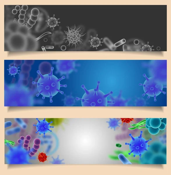 Conjunto vectorial de banners con virus y microbios — Archivo Imágenes Vectoriales