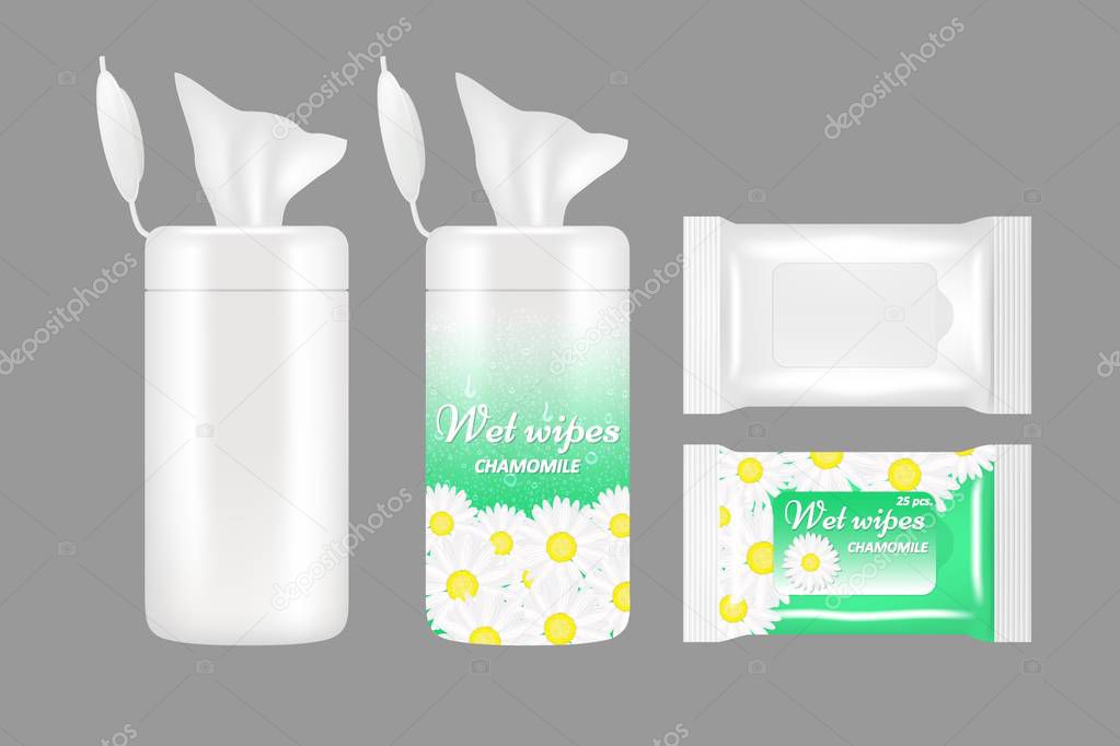 Vector realistic wet wipes packaging mockup set